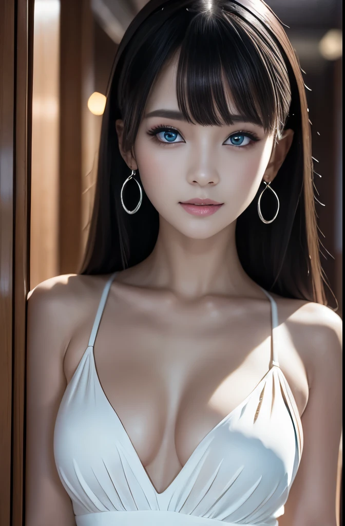 Ultra high definition, 1 female, Black shiny hair, Blue Eyes, Delicate face, cute, Soft skin texture, Love Earrings, White Dress, Standing at the entrance to the arcade, Playful, 8K Ultra HD, masterpiece, Highest quality, Super detailed, Accurate
