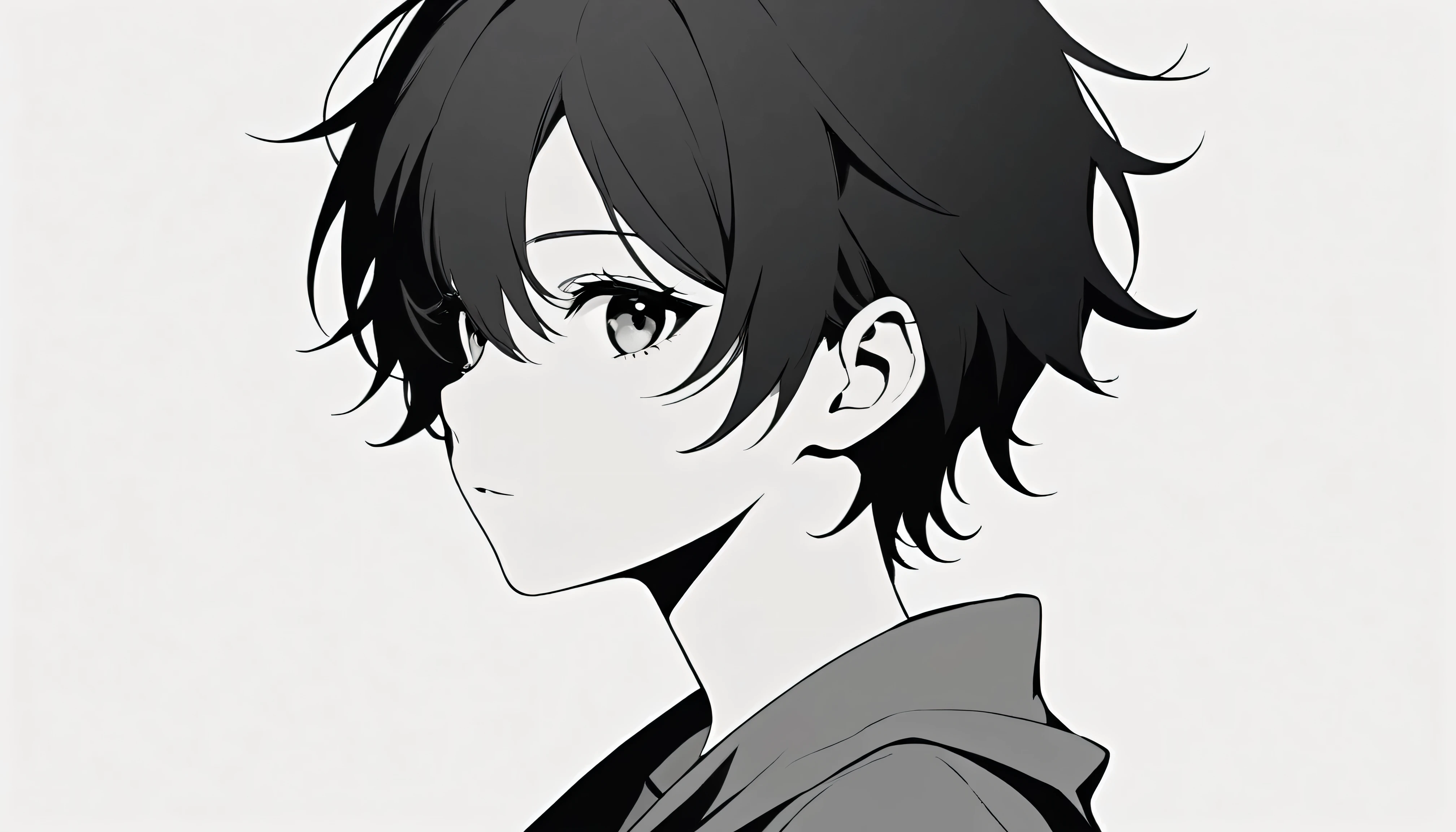 High-resolution anime digital art, Genderless Teenager Female, minimalist black silhouette, clean white background, high resolution, digital art, vector illustration, black and white color palette