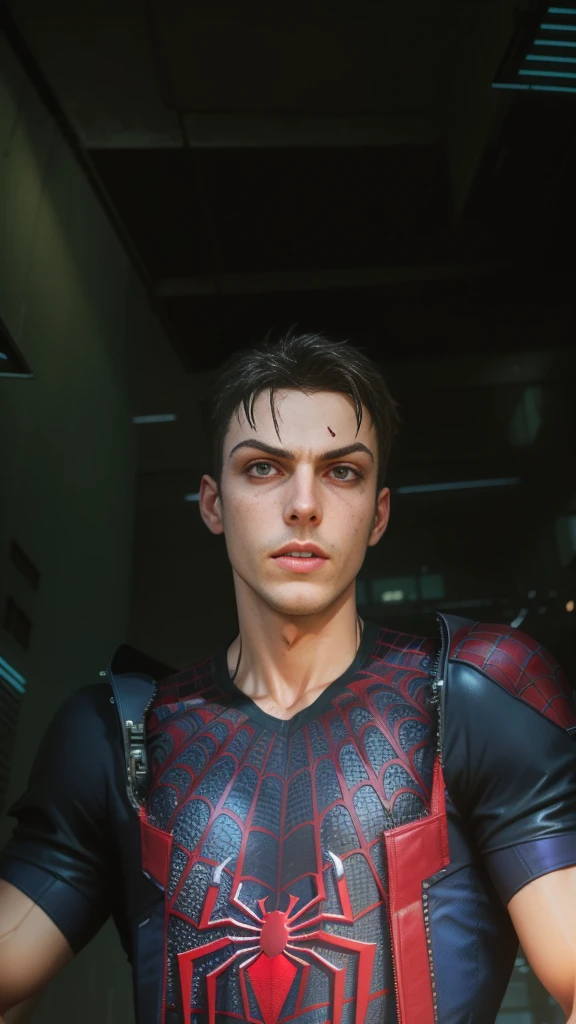 gloomy portrait of Bloody Spider-Man from Marvel with intricate angular cybernetic implants inside a brutalist building, gothic brutalist cathedral, cyberpunk, award-winning photo, bokeh, neon lights, cybernetic limb