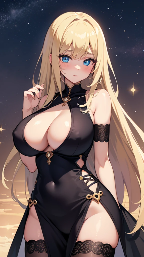 Masterpiece, best quality, ultra detailed,Girl, anime, cowboy shot,Baby face,Huge breasts,Bare skin, long hair, gradient hair, sparkling eyes, heterochromia,Mysterious aura, blushing,night,