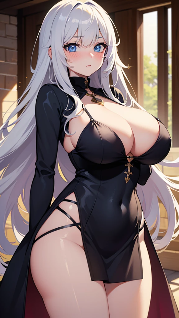 Masterpiece, best quality, ultra detailed,Girl, anime, cowboy shot,Baby face,Huge breasts,Bare skin, long hair, gradient hair, sparkling eyes, heterochromia,Mysterious aura, blushing,night,