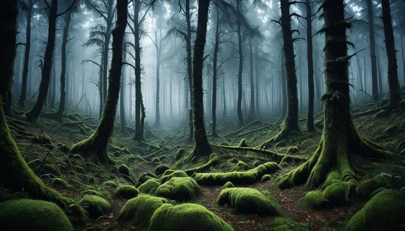 A scary horror image of an image of a dense black forest, PICTURE REALISTIC, high resolution, 8K