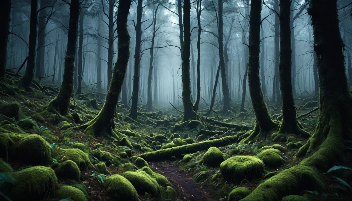 A scary horror image of an image of a dense black forest, PICTURE REALISTIC, high resolution, 8K