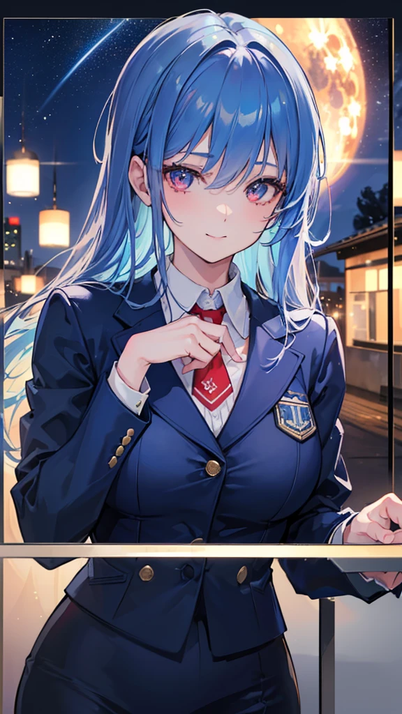 1girl, blue hair, red eyes, 25 years old, businesswoman, navy suit, office lady, beer stein, cheers, outdoor, starry night sky, rainbow colored stars, comet, smiling, fantastical atmosphere, soft focus, (best quality,4k,8k,highres,masterpiece:1.2),ultra-detailed,(realistic,photorealistic,photo-realistic:1.37)