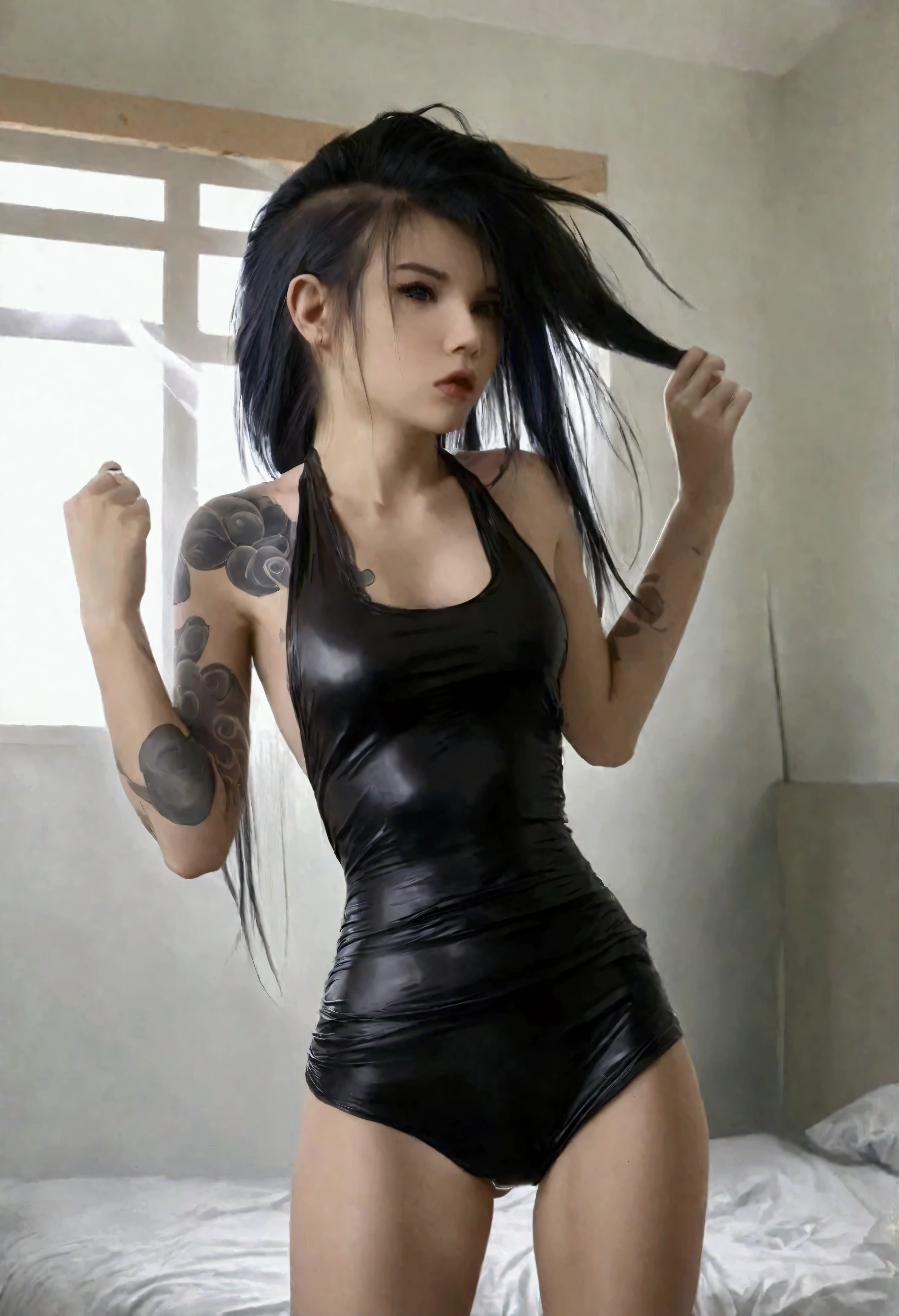 A cute woman (sexy small outfit, tattoos) in a rock music video, pouting, sexy pose near a bedroom, a fan makes a strong wind blowing her hair (show her from head to toe, show all of her)
