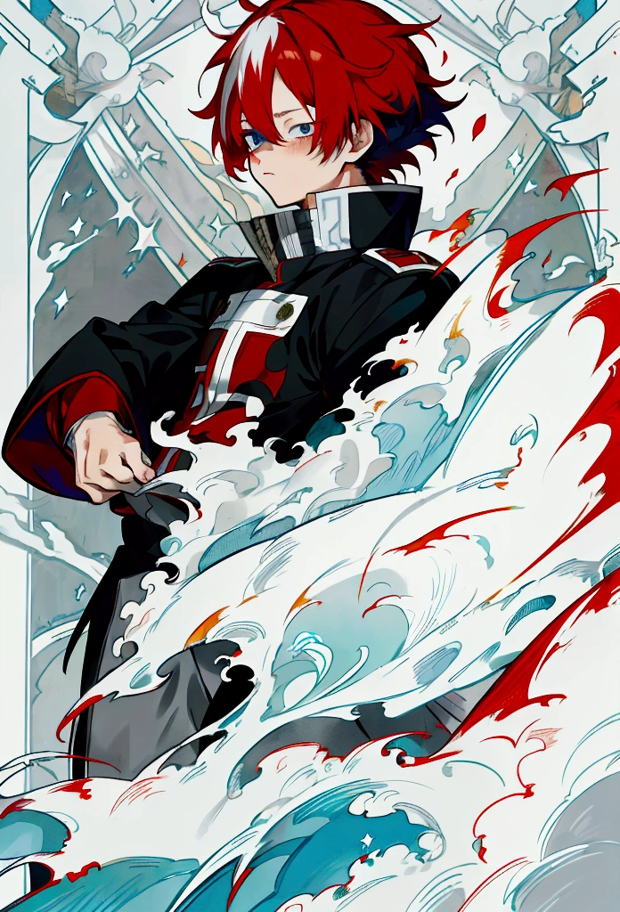 Ultra detailed, highres, absurdres, HDR, master piece, Todoroki Shouto, bicolor hair, right side is white, left side is red, heterochromia, right eye is grey, left eye is blue, detailed eyes, Boku No Hero Academia, fantasy, handsome, solo, best quality.
