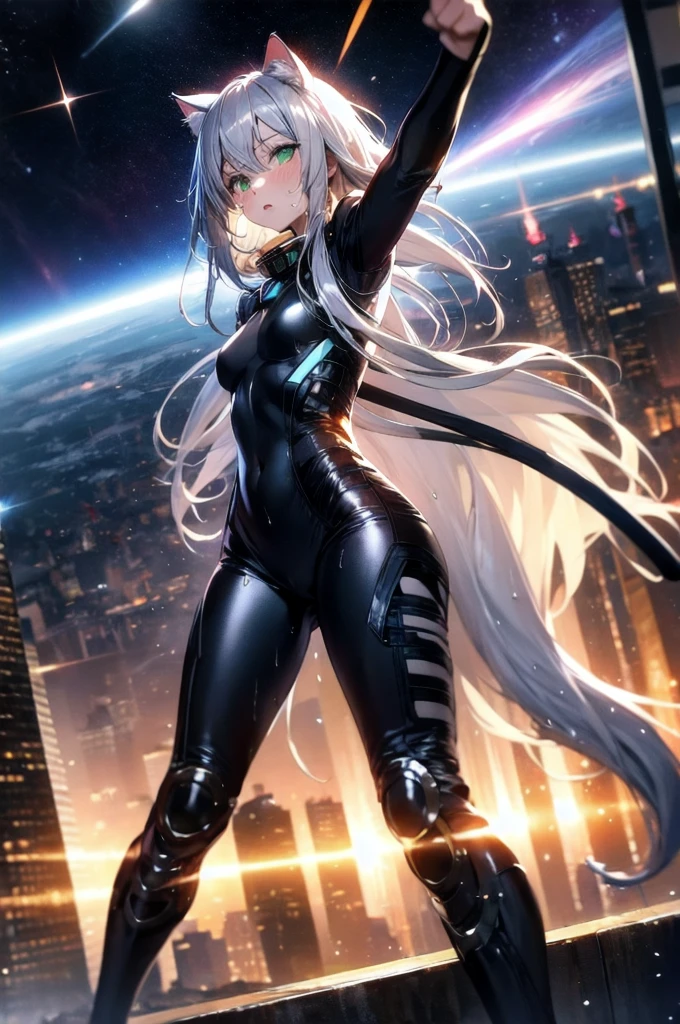 prompts A silver-haired beautiful girl with cat ears eyes are green hair is silver and long clothes: a form-fitting black combat suit The fist is an afterimage The background is a city at night her is in a cat-like fighting pose The year is 14 years monitor, Dark Night, Sweat, Steam of Exhalation, Space, Battle, Dynamic Angle,