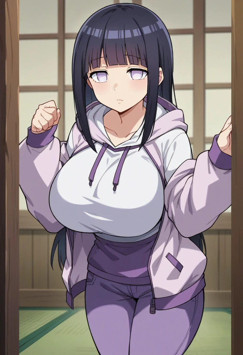 score_9, score_8_up, score_7_up, source_anime BREAK, anime screencap, (hinata, hyuuga hinata, purple eyes, blunt bangs, black hair, white eyes, no pupils, large breasts, purple and white hooded jacket, fishnets, blue pants,