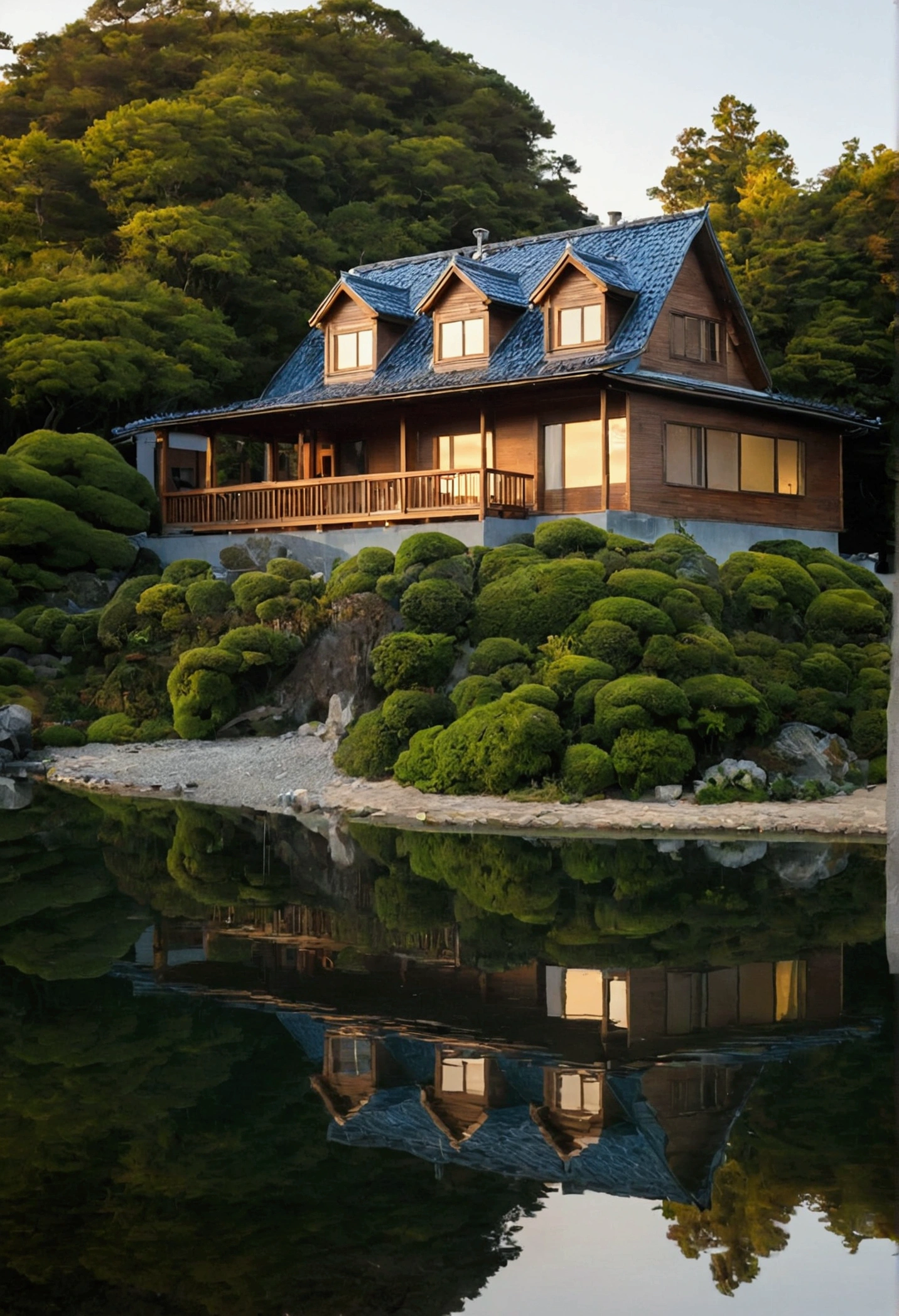 The Sunset Sun，high quality，Mont，Sunset showing a beautiful house by the lake. The house is made of wood、ホットタブ付きの大きなデッキthere is。. Trees in the background々And Mt.々there is. The water is clear、You can see the house reflected on the water..