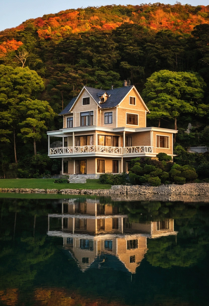 The Sunset Sun,high quality,Mont,Sunset showing a beautiful house by the lake. The house is made of wood、ホットタブ付きの大きなデッキthere is。. Trees in the background々And Mt.々there is. The water is clear、You can see the house reflected on the water..