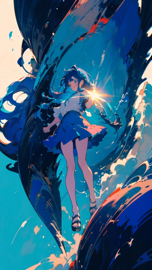 Blue-haired long hair,Design clothing,Seven-doppelganger shot,Anime style 4K,Anime girl with teal hair,High quality anime art style,Standing painting,Splash ink background,Blue Themes、Pure white background,Buildings,Face close-up,Buildings,Moon and sun、Long legs, whale flying in the sky,giant whale