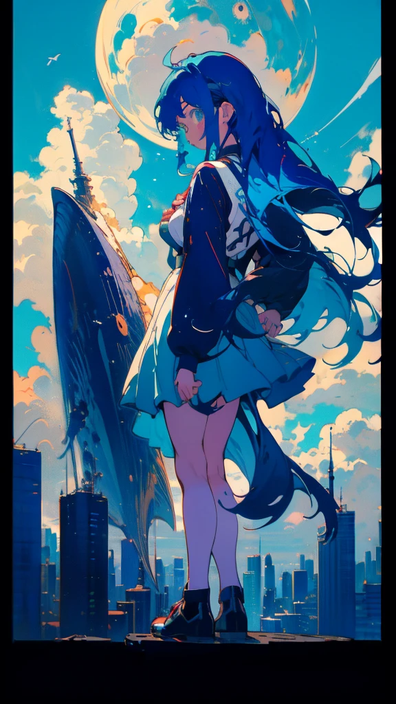 Blue-haired long hair,Design clothing,Seven-doppelganger shot,Anime style 4K,Anime girl with teal hair,High quality anime art style,Standing painting,Splash ink background,Blue Themes、Pure white background,Buildings,Face close-up,Buildings,Moon and sun、Long legs, whale flying in the sky,giant whale