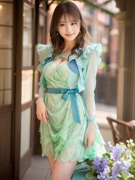 Photo-realistic quality、A woman wearing a dress with ribbons is standing, light Green Dress, Rococo frill dress, Pastel Green, Translucent dress, Grape dress, Elegant Dresses, Fantasy Dress, glamorous ruffled dresses, Green Dress, Stylish dresses, Lace dress, romantic dress, transparent gray dress, Lace dress、Detailed and beautiful eyes、Cute smile、Relaxed, soft and gentle expression、looking at the camera、Emphasize cleavage