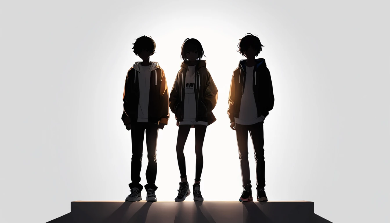 High-resolution anime digital art, Genderless Teenager boys, minimalist black silhouette, clean white background, high resolution, digital art, vector illustration, black and white color palette