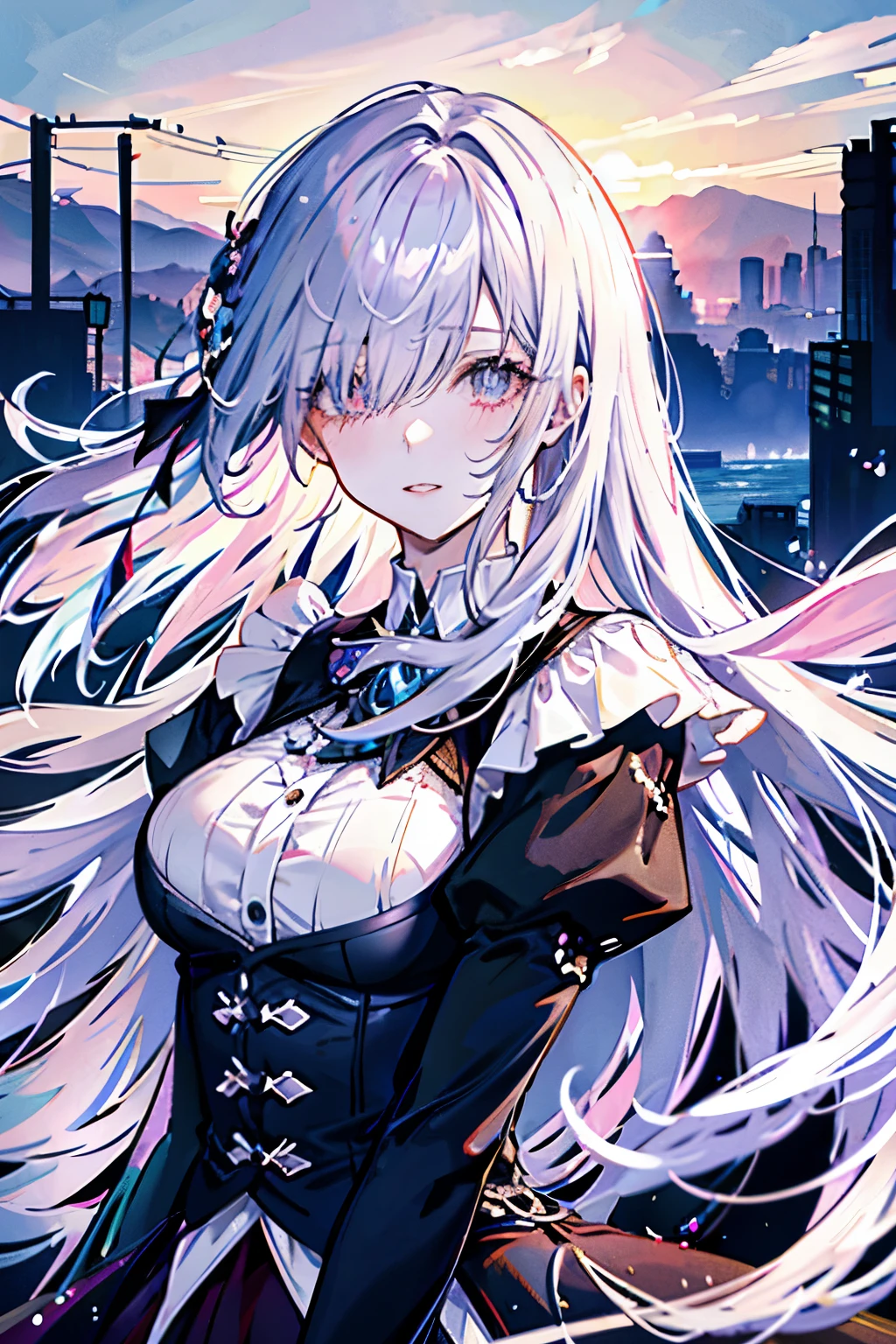 (best quality, Detailed background, high resolution, Ridiculous, bloom, disheveled hair, shiny hair, exposed to light, bright pupils, Focused and meticulous eyes),
1 girl, earpiece, long hair, silver hair, big deal_breast, Put your arms behind your back, daytime, Outdoor activities, Black Forest, water, creek,
hair_decoration, (hair over one eye),  Upper body, portrait,