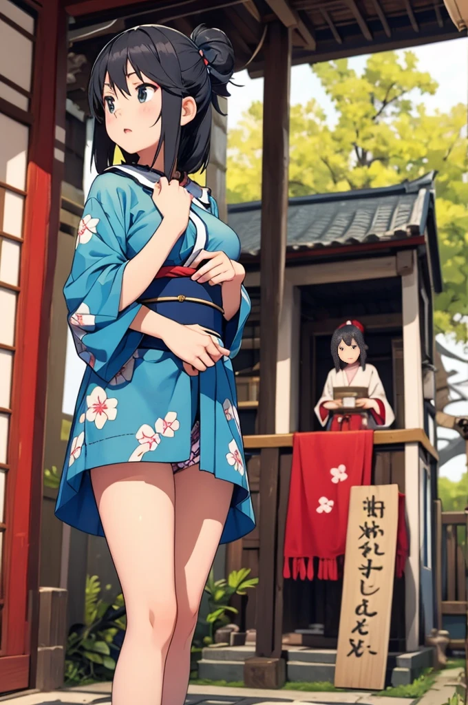 Girls under 8 years old, Height under 100, kimono, Small breasts, Patterned cotton panties, Fabric Real, Black Hair, kimono, Old shrine