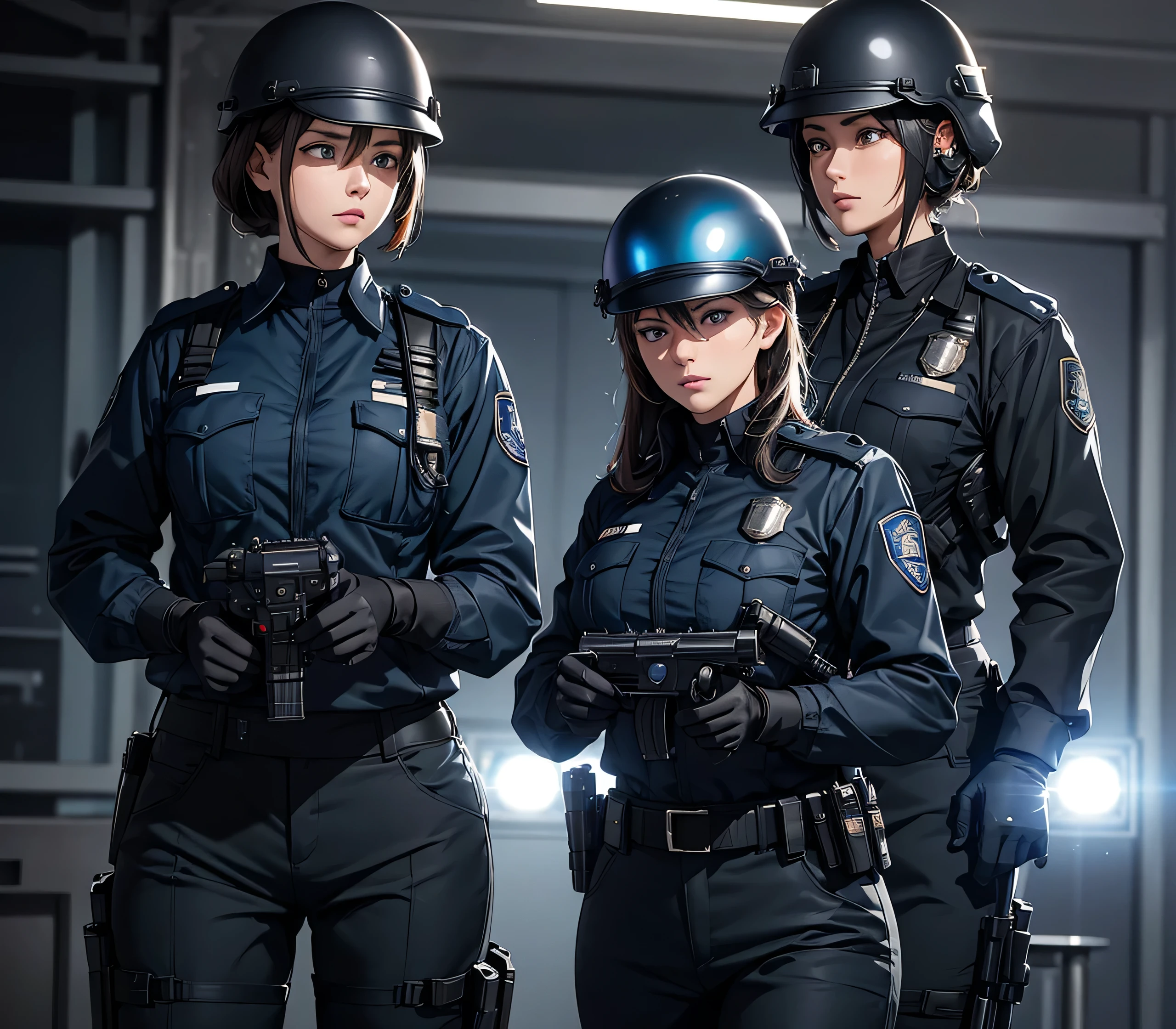 a group of female police officers in blue black uniforms, wearing helmets, military pants, and tactical gear, writing detailed information, masterpiece, best quality, highly detailed CG, 8K, theatrical lighting, lens flare