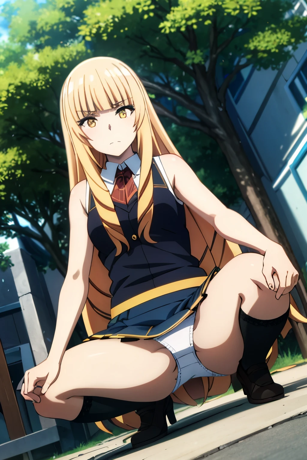(Rose Oriana), One girl, alone, Yellow Eyes, Blonde, Long hair, sleeveless shirt, denim skirt, kneehighs, white pumps, looking at viewer, full body, squatting, dutch angle, (white Lace panties), (show off panties), (panty shot), city,