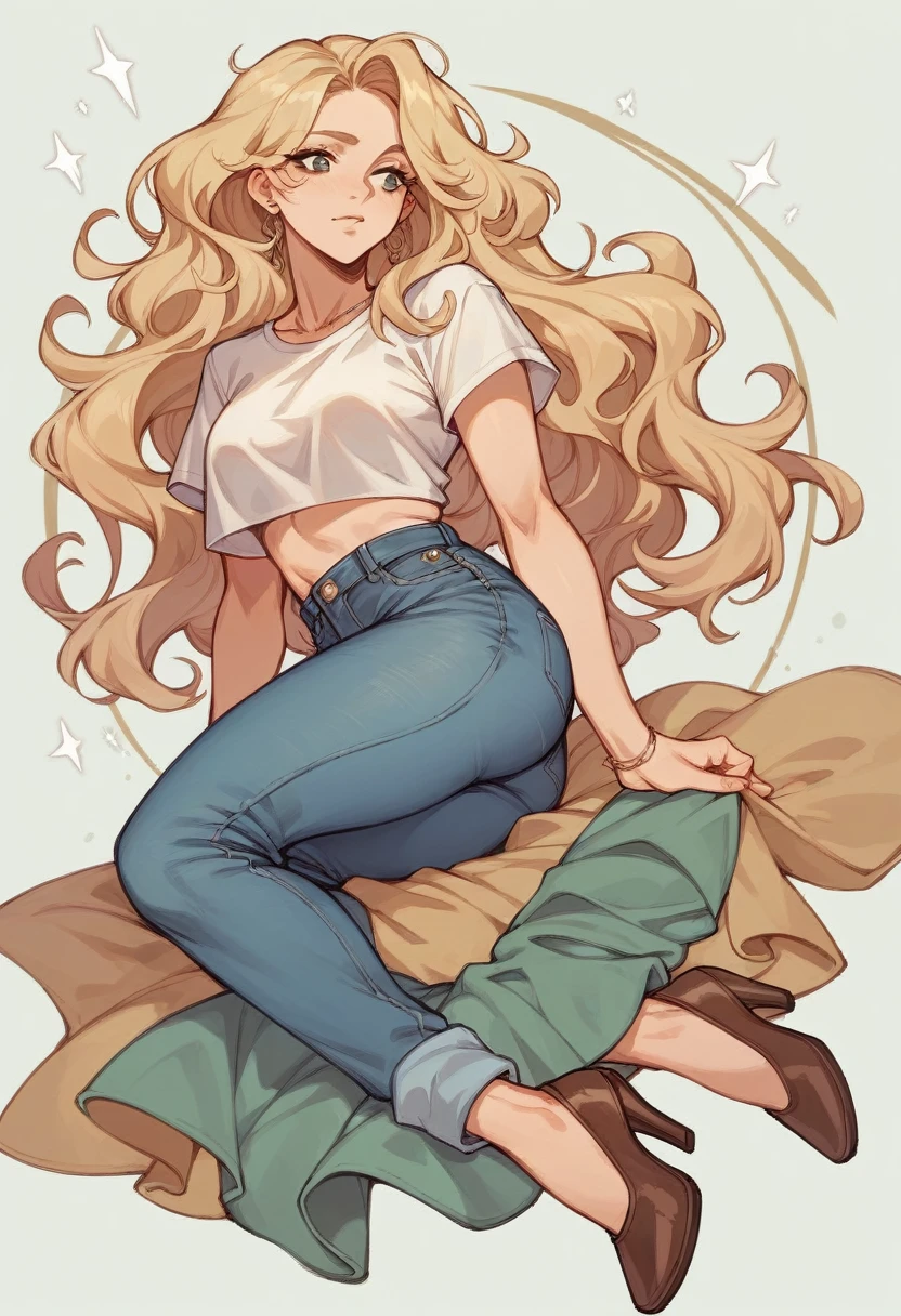 beautiful blonde woman, with brown locks of very long and wavy hair , au yeux vertd'origine espagnol , avec un joli visage doux , habiller d'un jeans et crop top, big tits with heels