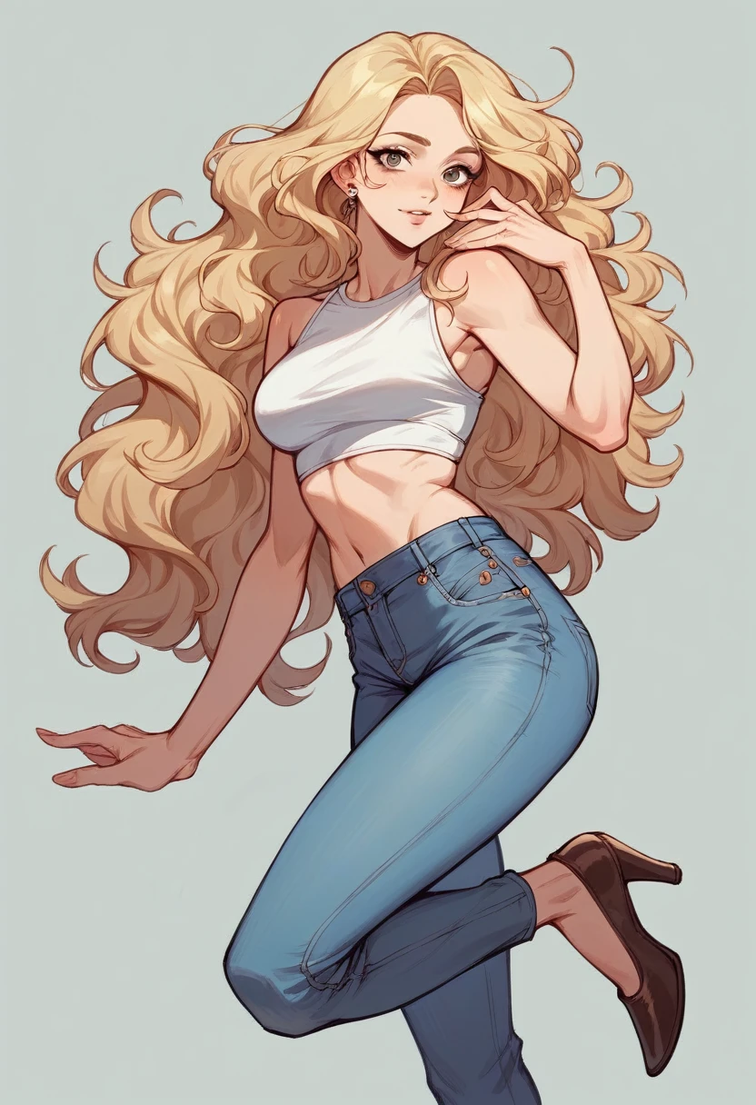 beautiful blonde woman, with brown locks of very long and wavy hair , au yeux vertd'origine espagnol , avec un joli visage doux , habiller d'un jeans et crop top, big tits with heels