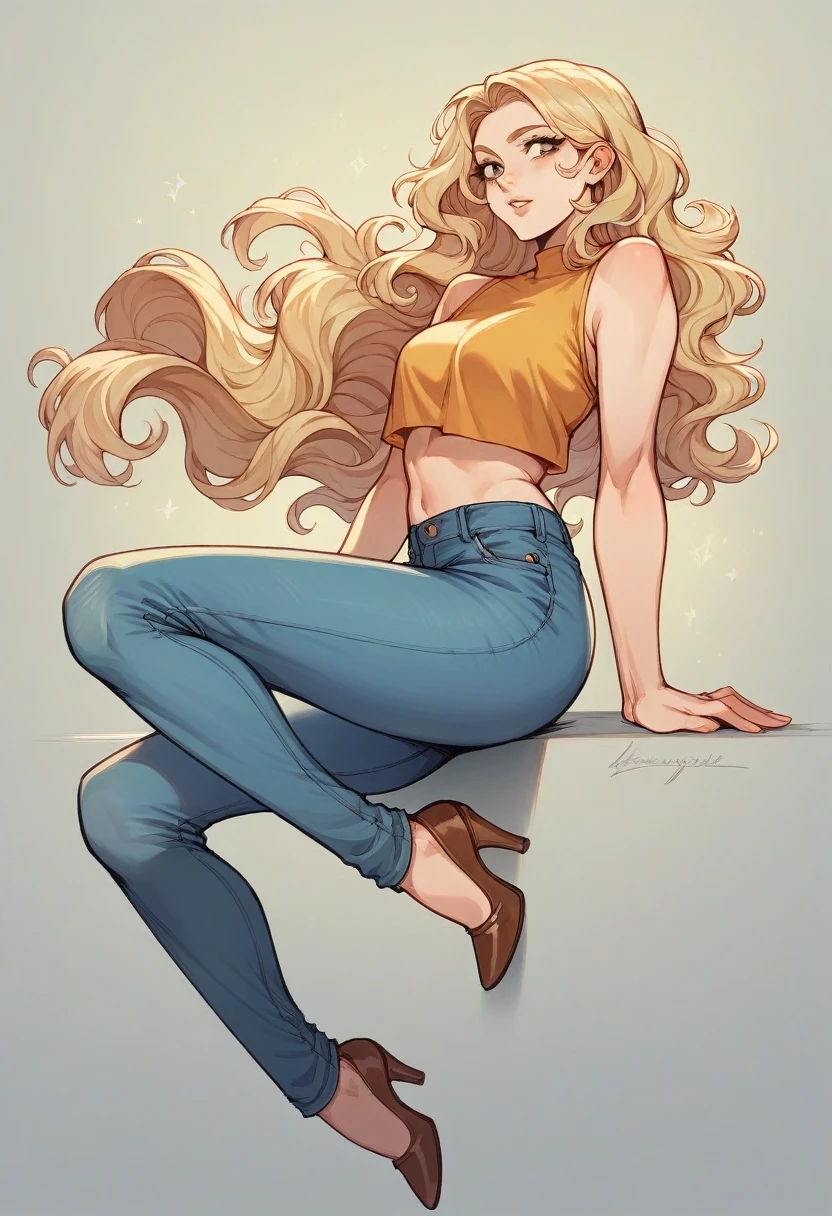 beautiful blonde woman, with brown locks of very long and wavy hair , au yeux vertd'origine espagnol , avec un joli visage doux , habiller d'un jeans et crop top, big tits with heels
