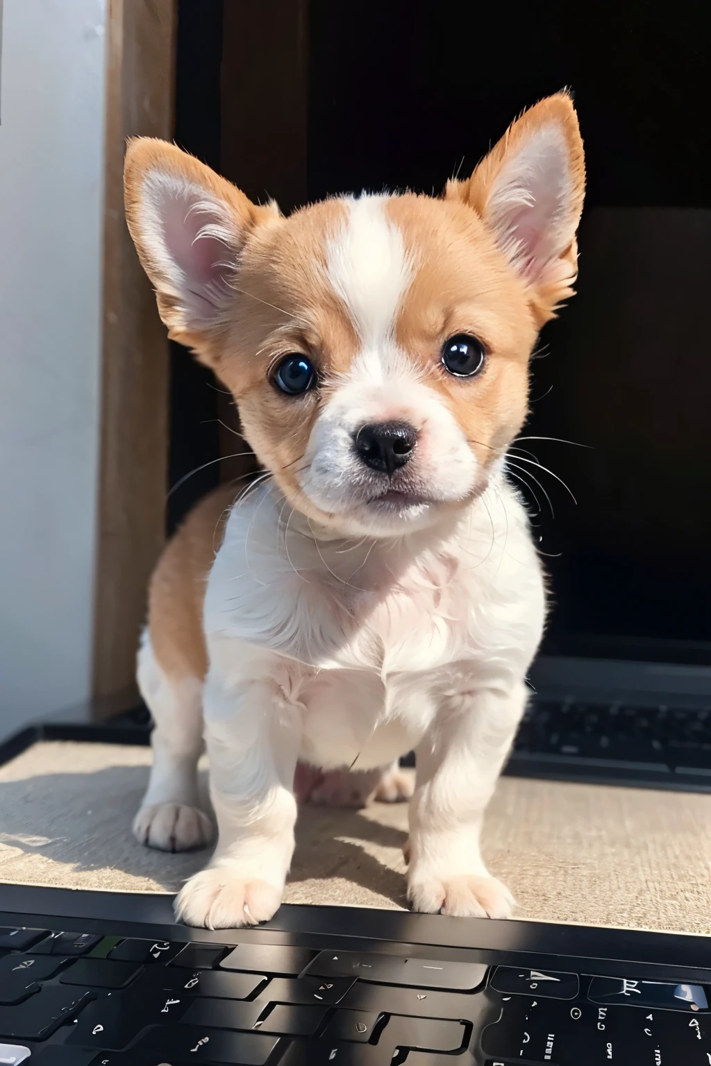 A charming little puppy delightfully perched in front of a laptop, capturing its attention with its adorable upper body image. The puppy's sweet face, filled with curiosity and enthusiasm, is front and center, its eyes sparkling with vigor as it gazes at the screen. The image is of the highest quality, offering a super-detailed, finely rendered depiction of the puppy's soft fur, wrinkled nose, and innocent expression. The digital SLR camera captures every intricate detail with a natural soft light, resulting in an 8K wallpaper that is not only visually stunning but also a perfect representation of the playful energy that radiates from this lovable little creature
