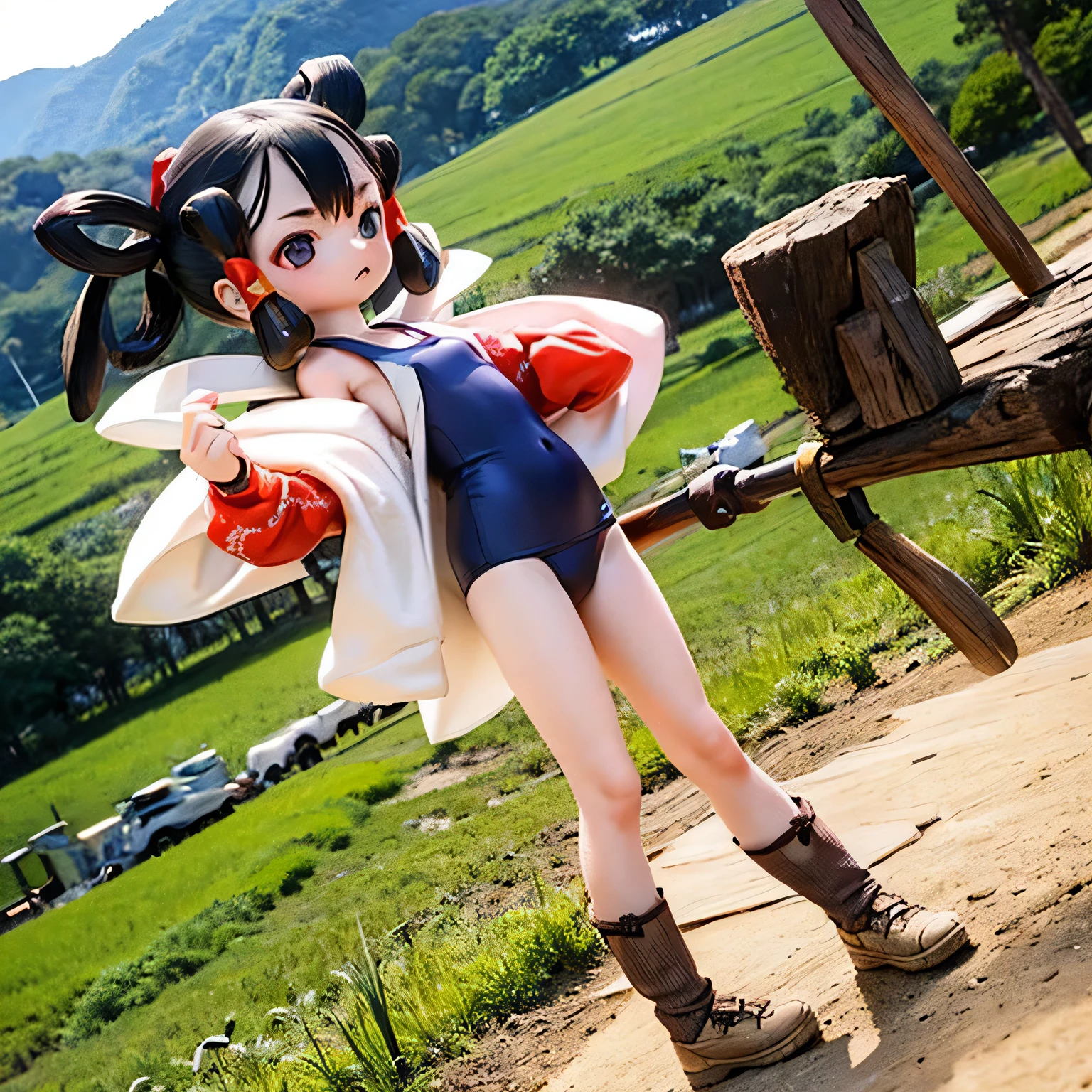 Sakunahime rice field school swimsuit、Farm work