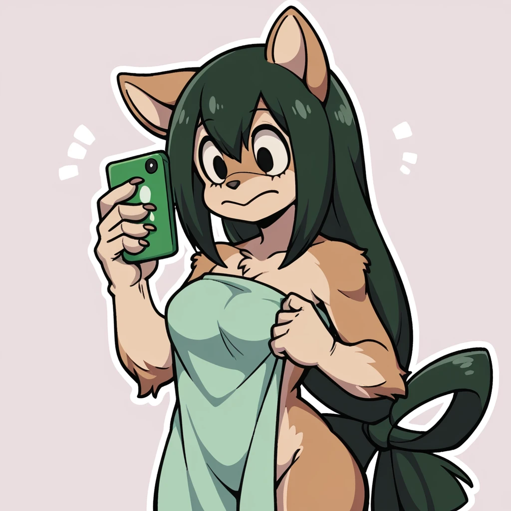 source_furry, anthro, score_9, score_8_up, furry, fur,Tsuyu Asui, Werewolf, wolf ears, brown fur, wrapped in towel, medium breasts, holding phone, female, cute, green hair