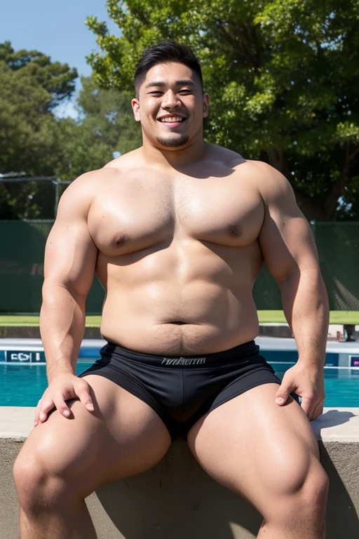 ((highest quality)), ((masterpiece)), (detailed), ((Perfect Face)), 4k, Shaved head, Young Japanese, Muscular, Fat body, Very big man, smile, ((showing off crotch)) A large Japanese man shirtless、whole body、Rugby player、Thick legs、Thick arm muscles、Intimidating、whole body、wearing a very tight black shorts、wearing a very short black shorts, (shirtless)、At the rugby field