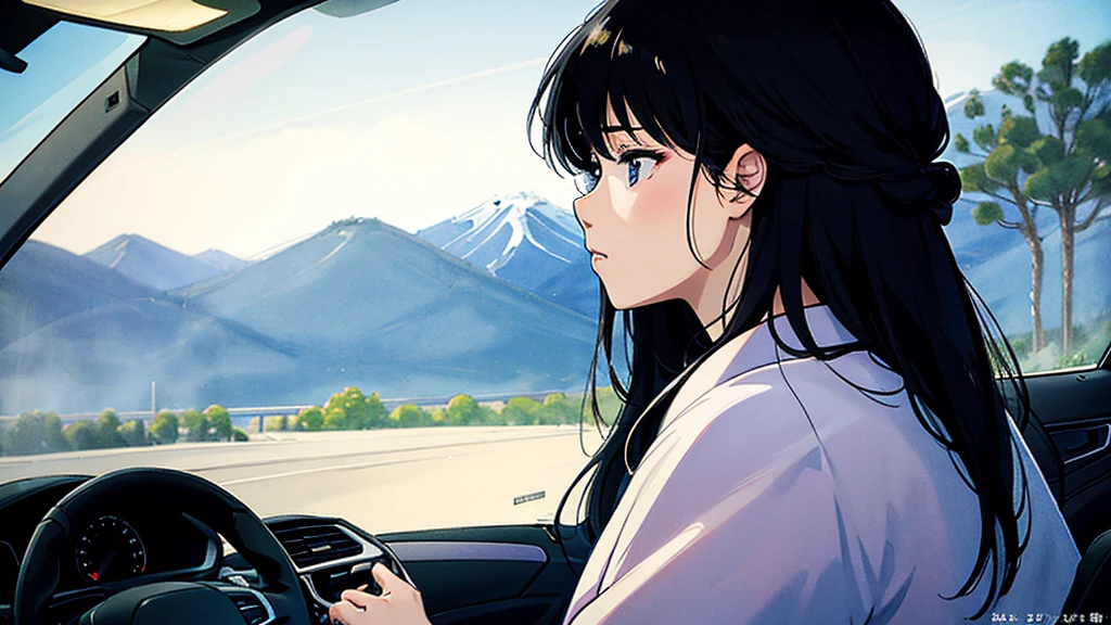 Very beautiful Japanese woman、Driving with a serious look on his face、A profile shot from inside the car、Long hair blowing in the wind、