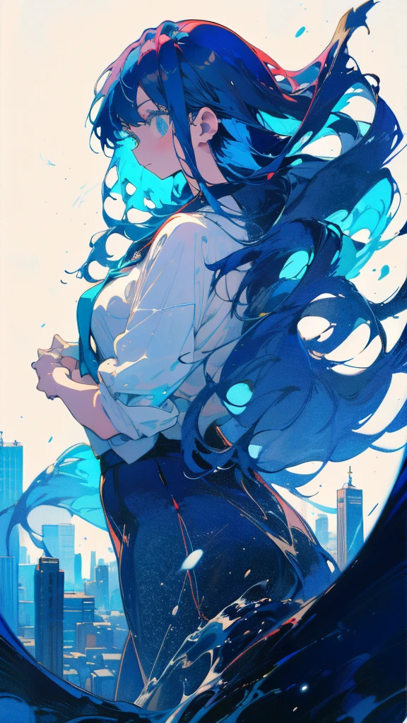 Blue-haired long hair,Design clothing,Seven-doppelganger shot,Anime style 4K,Anime girl with teal hair,High quality anime art style,Standing painting,Splash ink background,Blue Themes、Pure white background,Buildings,Face close-up,Buildings,Moon and sun、Long legs, whale flying in the sky,giant whale