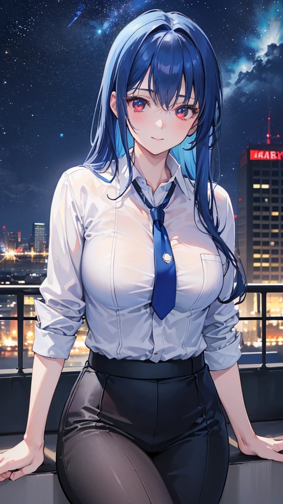 1girl, blue hair, red eyes, 25 years old, businesswoman, navy suit, office lady, beer stein, cheers, outdoor, starry night sky, rainbow colored stars, comet, smiling, fantastical atmosphere, soft focus, (best quality,4k,8k,highres,masterpiece:1.2),ultra-detailed,(realistic,photorealistic,photo-realistic:1.37)