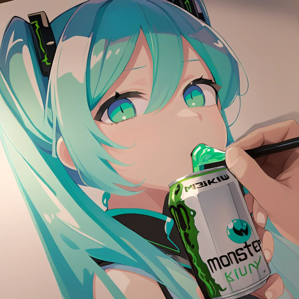 Hatsune Miku drinks Monster energy drink, good quality, good drawing, body drawing, eyes drawing, fingers drawing, detailing, 2D, anime
