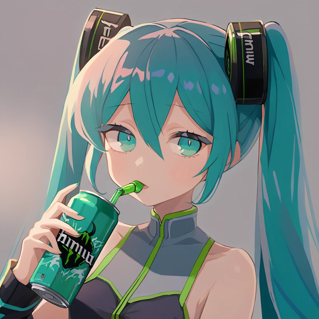 Hatsune Miku drinks Monster energy drink, good quality, good drawing, body drawing, eyes drawing, fingers drawing, detailing, 2D, anime