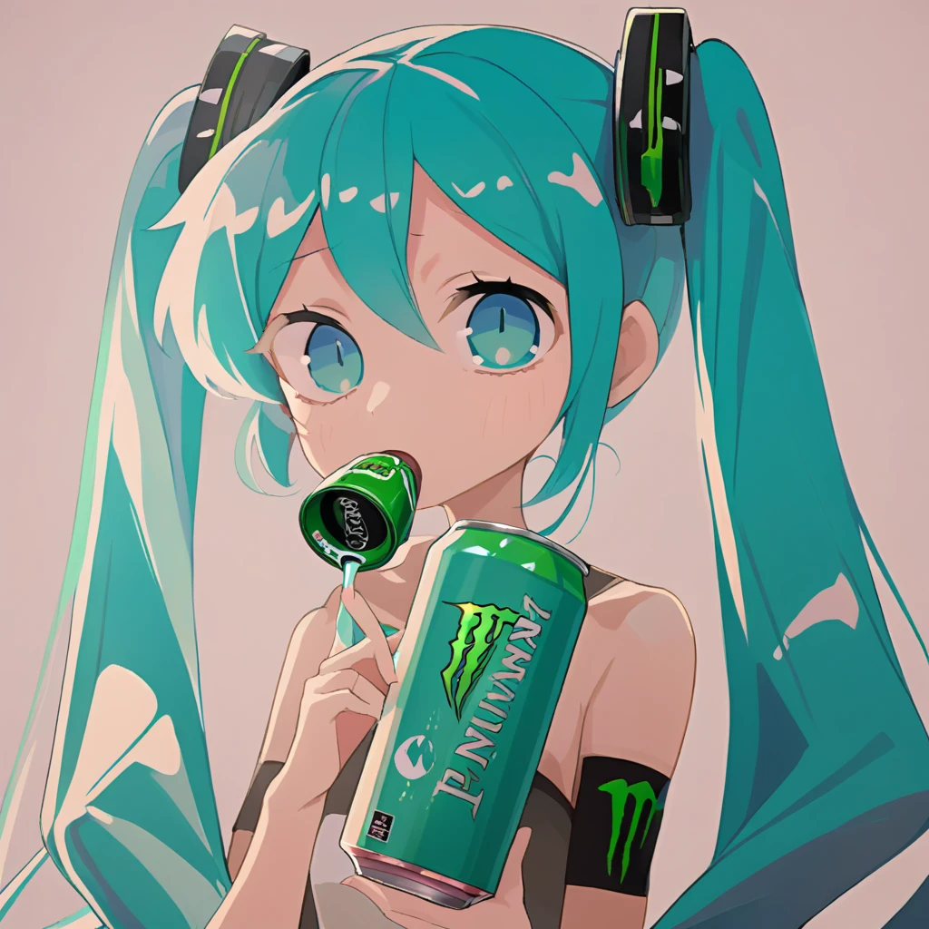 Hatsune Miku drinks Monster energy drink, good quality, good drawing, body drawing, eyes drawing, fingers drawing, detailing, 2D, anime