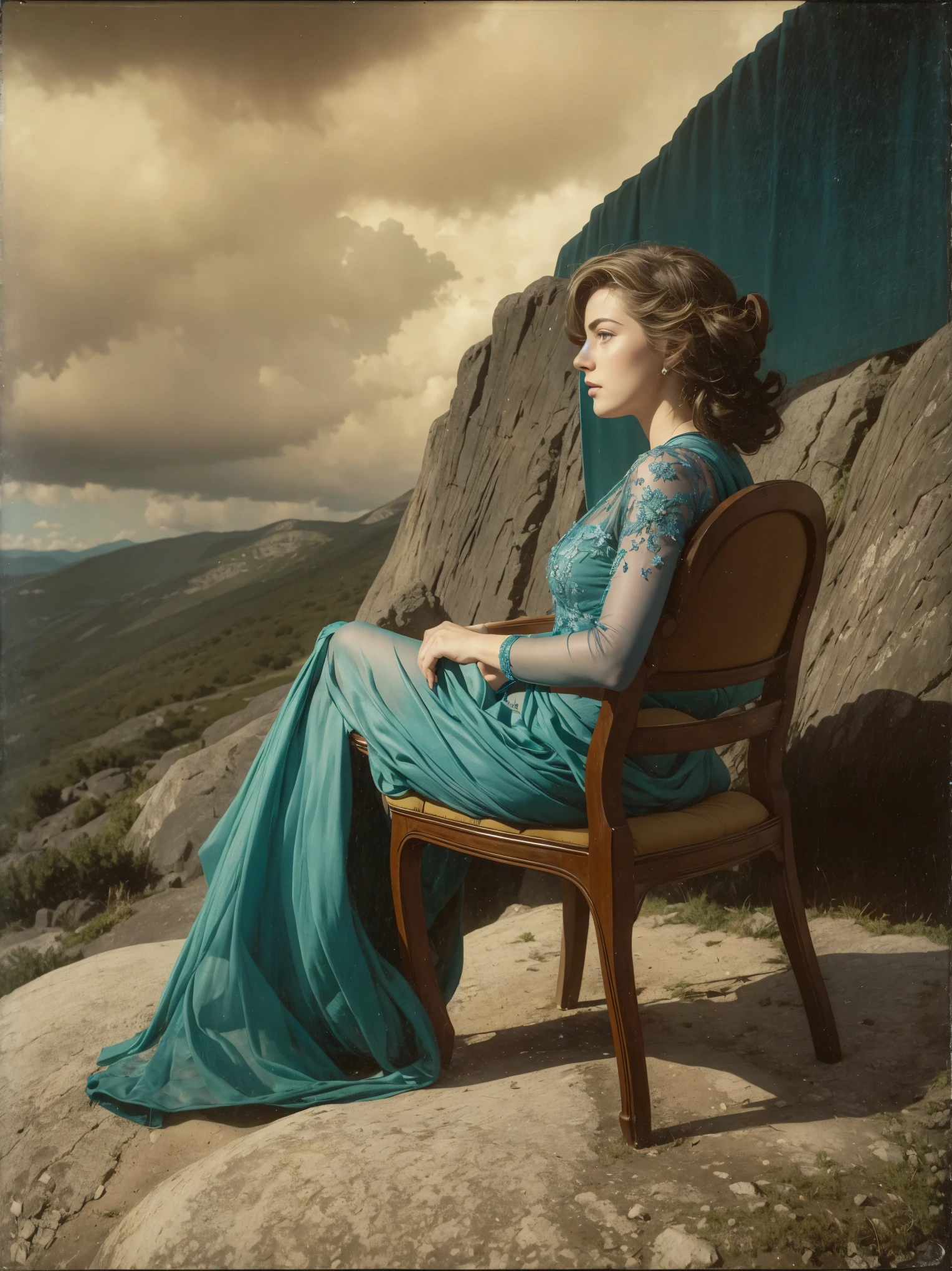 (Masterpiece. Oil painting. Rene Magritte. Edward hopper style).
Wide view of an ultra hot gorgeous European woman. Age 23. She wears a silk and lace evening dress. sitting in a chair on a rocky hill looking at something with deep blue dark cloudy sky Kodak Ektar Film Stock Footage Style, faded film, desaturated, 35mm photo, grainy, vignette, vintage, Kodachrome, Lomography, stained, highly detailed, found footage