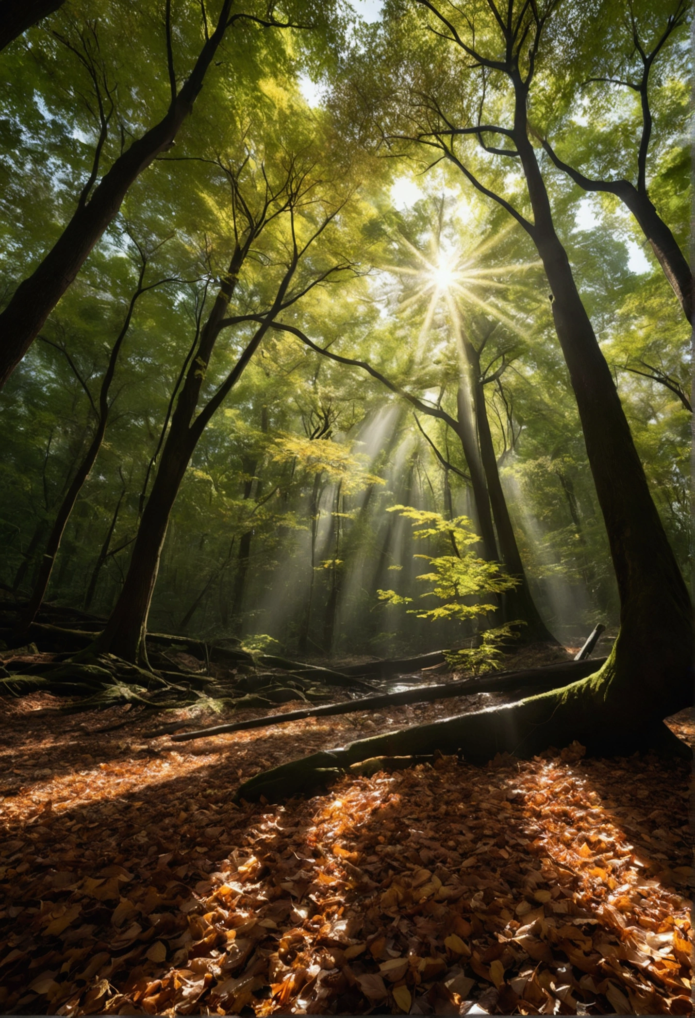 Backlit photography, Tyndall effect, Master Image Quality, Movie special effects, Ultra-high resolution, Detailed beautiful scenery, Ultra Wide Angle, Ray Tracing, Primeval forest, Towering Tree々, Clear Layer, Fallen leaves, Lighting, water flowing, Extreme Detail