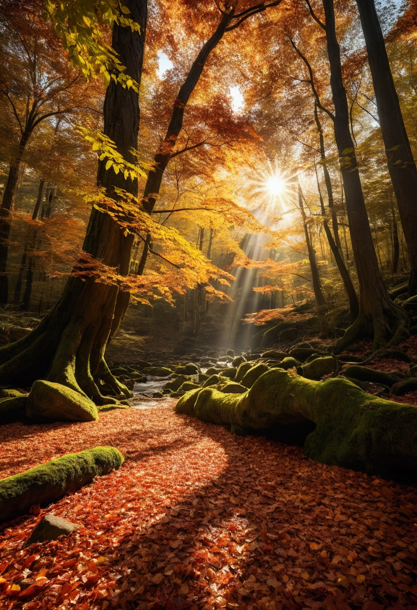 Backlit photography, Tyndall effect, Master Image Quality, Movie special effects, Ultra-high resolution, Detailed beautiful scenery, Ultra Wide Angle, Ray Tracing, Primeval forest, Towering Tree々, Clear Layer, Fallen leaves, Lighting, water flowing, Extreme Detail