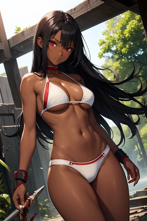 Highest quality, Dark skinned female warrior,Long black hair, Red eyes,  (Small ), Wearing a white bikini,(((Injury))),I&#39;m in a hurry,Being attacked by monsters