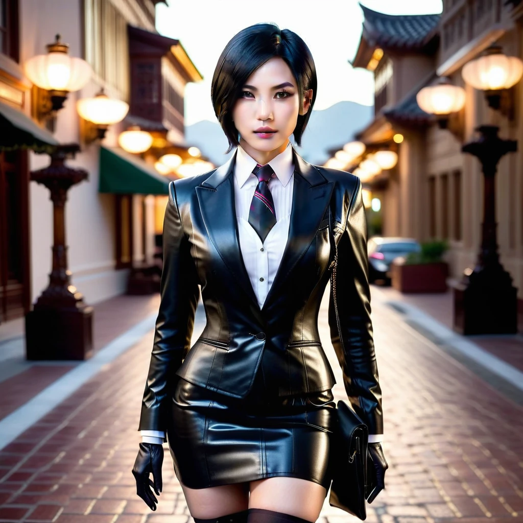 Ultra-realistic extremely detailed real life 8k masterpiece of a gorgeous asian woman re ada wong wearing (((skirt suit))), (((three-piece suit))), (((dress shirt))), (((necktie))), (((blazer))), (((black lapel))), (((suit jacket))), ((waistcoat)), double-breasted waistcoat, (((bodycon miniskirt))), pocket square, cufflinks, tie clip , tailored suit,, extremely detailed facial features, dark scary epic lighting, horror composition