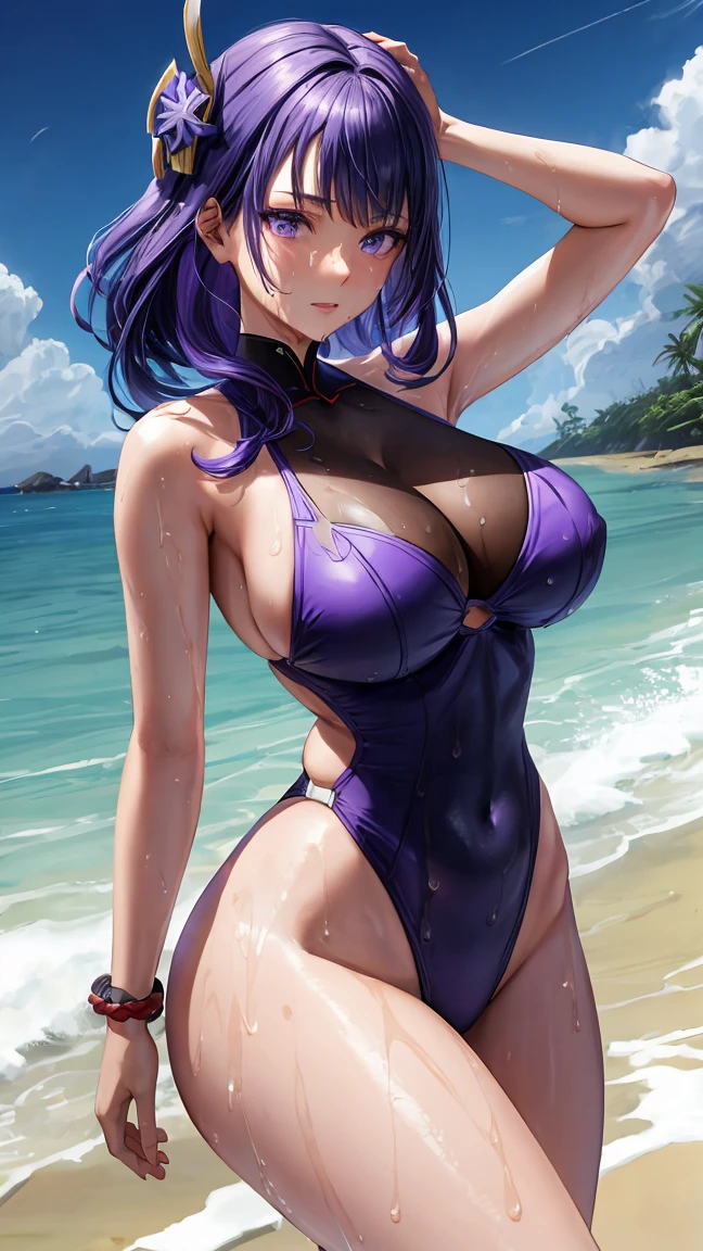 Masterpiece, high quality, raiden shogun, genshin impact, big breasts, busty, sexy, wide hips, purple hair, purple eyes, hair ornament, swimsuit, beach, shy, posing, wet