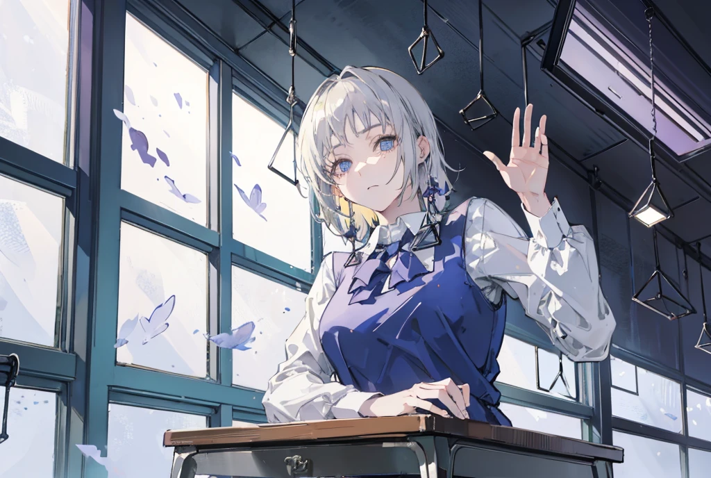 Anime girl1, long. Grey  hair, blue eyes, (hair blows to the left side perfect long bangs) Wearing a bright blonde vest, wearing a blonde hoodie vest,Using a blue jabot) head pose to the right without looking ahead, (Room background, open glass school windows, shiny tables)), clear photo frame of a beautiful woman, The right hand holds a flower stem with white petals that have withered, smiled, Hand holding a rectangular glass aquarium filled with purple flowers