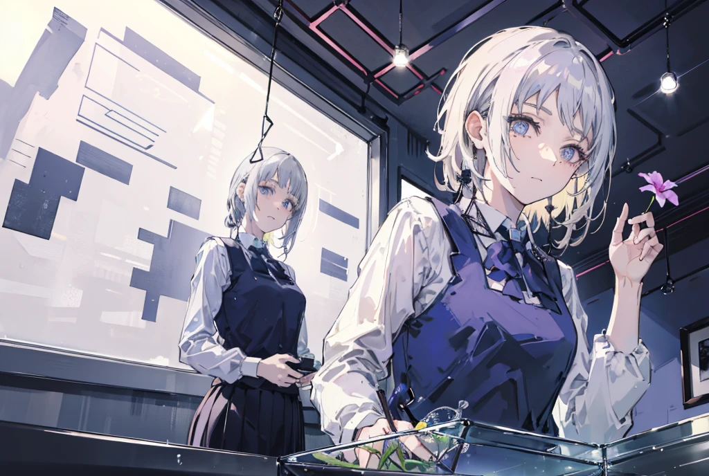 Anime girl1, long. Grey hair, blue eyes, (hair blows to the left side perfect long bangs) Wearing a bright blonde vest, wearing a blonde hoodie vest,Using a blue jabot) head pose to the right without looking ahead, (Room background, open glass school windows, shiny tables)), clear photo frame of a beautiful woman, The right hand holds a flower stem with white petals that have withered, smiled, Hand holding a rectangular glass aquarium filled with purple flowers