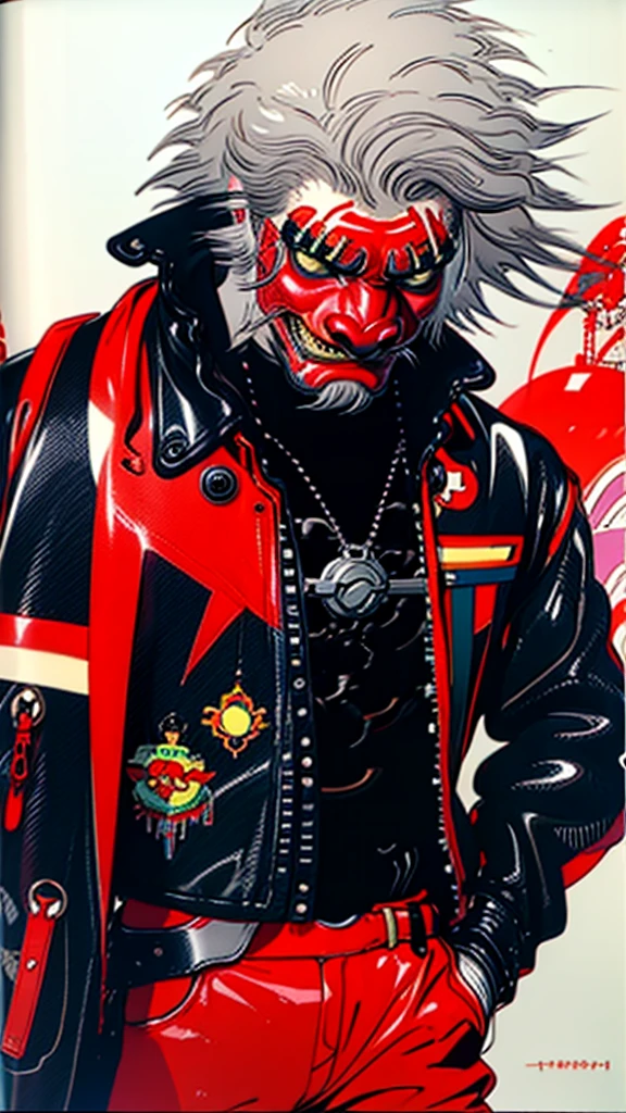 lion dance Facing forward cyber punk Japan Leather jacket Gray Hair AKIRA male Fantasy