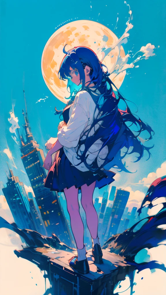 Blue-haired long hair,Design clothing,Seven-doppelganger shot,Anime style 4K,Anime girl with teal hair,High quality anime art style,Standing painting,Splash ink background,Blue Themes、Pure white background,Buildings,Face close-up,Buildings,Moon and sun、Long legs, whale flying in the sky,giant whale