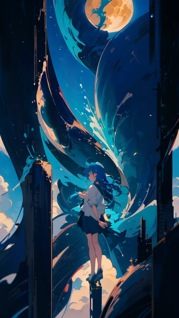 Blue-haired long hair，Design clothing，Seven-doppelganger shot，Anime style 4K，Anime girl with teal hair，High quality anime art style，Standing painting，Splash ink background，Blue Themes、Pure white background,Buildings,Face close-up,Buildings,Moon and sun、Long legs, whale flying in the sky,giant whale