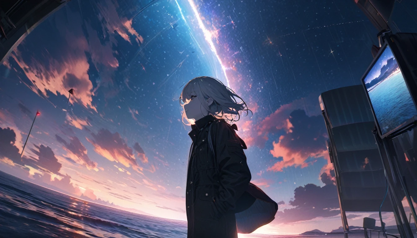 Starry Sky, After the Rain, horizon , In the sky,Lens flare, colorful,coat,Put your hands in your pockets,(student, 18-year-old, JK, Her short silver hair sways, Pale skin, Lack of eye sparkle) Looking up at the sky, Beautiful sky, There is an ocean,White Street,The scenery is beautiful, 広いLooking up at the sky, I see the wind blowing and shining, In the skyは正午の月と正午の星がある,From below, break ,quality(8K,非常に精細なCGユニットのwallpaper, masterpiece,High resolution,top-quality,top-quality real texture skin,Surreal,Increase the resolution,RAW Photos,最高quality,Very detailed,wallpaper,Cinema Lighting,Ray Tracing,Golden Ratio),Have a long-term perspective