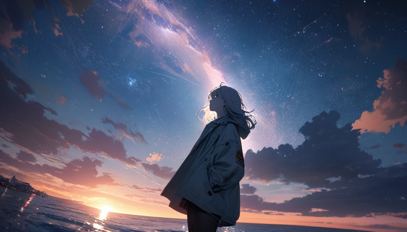 Starry Sky, After the Rain, horizon , In the sky,Lens flare, colorful,coat,Put your hands in your pockets,(student, 18-year-old, JK, Her short silver hair sways, Pale skin, Lack of eye sparkle) Looking up at the sky, Beautiful sky, There is an ocean,White Street,The scenery is beautiful, 広いLooking up at the sky, I see the wind blowing and shining, In the skyは正午の月と正午の星がある,From below, break ,quality(8K,非常に精細なCGユニットのwallpaper, masterpiece,High resolution,top-quality,top-quality real texture skin,Surreal,Increase the resolution,RAW Photos,最高quality,Very detailed,wallpaper,Cinema Lighting,Ray Tracing,Golden Ratio),Have a long-term perspective