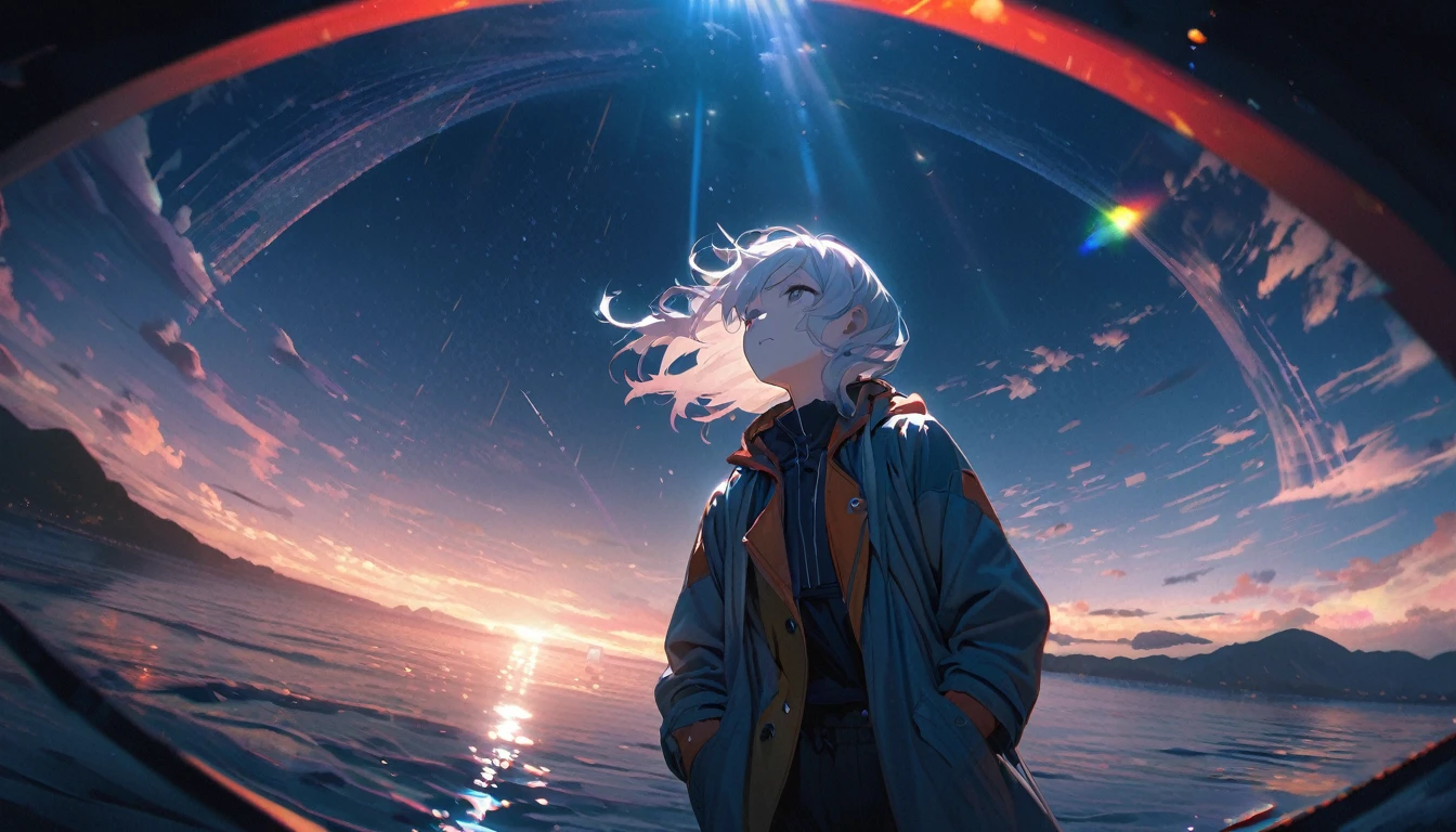 Starry Sky, After the Rain, horizon , In the sky,Lens flare, colorful,coat,Put your hands in your pockets,(student, 18-year-old, ＪＫ, Her short silver hair sways, Pale skin, Lack of eye sparkle) Looking up at the sky, Beautiful sky, There is an ocean,White Street,The scenery is beautiful, 広いLooking up at the sky, I see the wind blowing and shining, In the skyは正午の月と正午の星がある,From below, break ,quality(8K,非常に精細なCGユニットのwallpaper, masterpiece,High resolution,top-quality,top-quality real texture skin,Surreal,Increase the resolution,RAW Photos,最高quality,Very detailed,wallpaper,Cinema Lighting,Ray Tracing,Golden Ratio),Have a long-term perspective