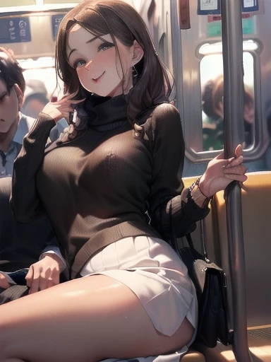 ((The mature woman is wearing a big black sweater:1.5)))((She wears a long white skirt:1.5))))((From an angle where you can see the whole body)))(((Sitting in a seat on a crowded train:1.8))))((She is facing the viewer with her legs spread in an M-shape:1.8)))、((Her bright red panties are in full view))、((Smiling shyly:))Sexy brown woman１people、Highest quality、超High resolution、High resolution、Detailed CG、8k wallpaper、50 years old、Detailed and beautiful、(Brown and shiny body、:1.5)、Embarrassed、(A dreamy face:1.5)、(The shape of your lips when kissing with your tongue out)、Full of embarrassment、